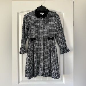 Nannette Girls Size 10 Black & White Houndstooth Swing Dress Coat Velvet Bows